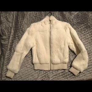 Real Rabbit Fur Bomber Jacket. Cream - Size Medium